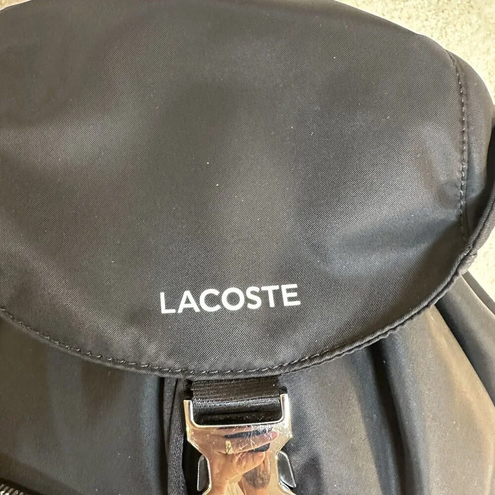 Lacoste Women's Solid Black Cinch Flap Nylon Bag Backpack